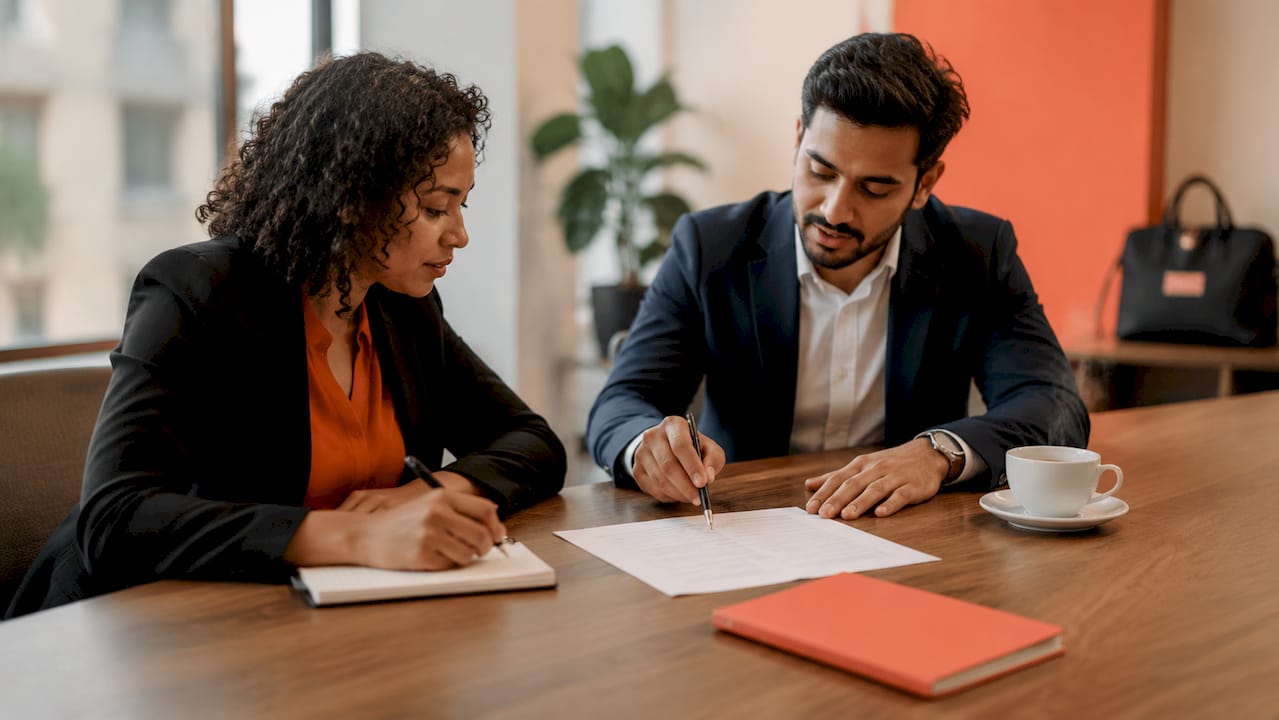Businesspeople discussing contract terms
