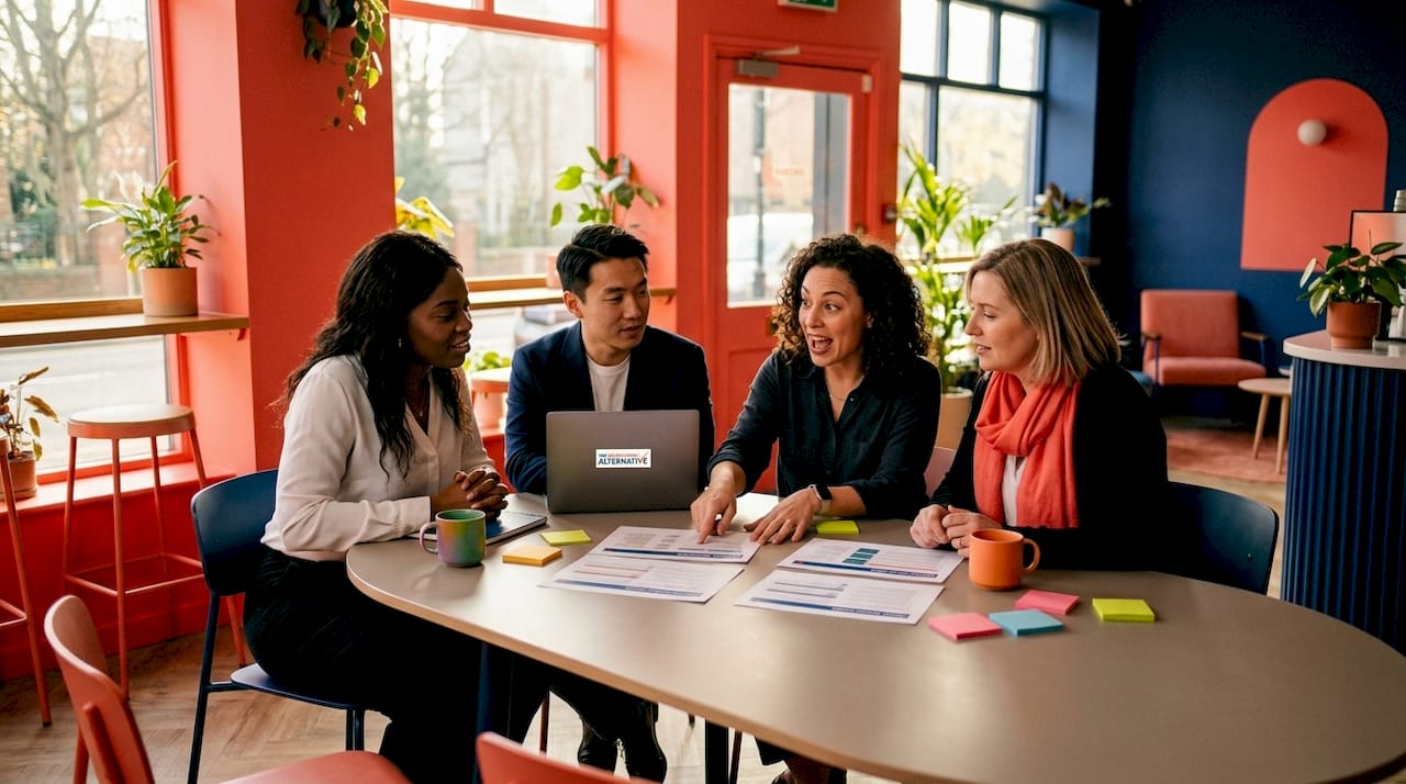 Team discussing recruitment briefs in meeting room