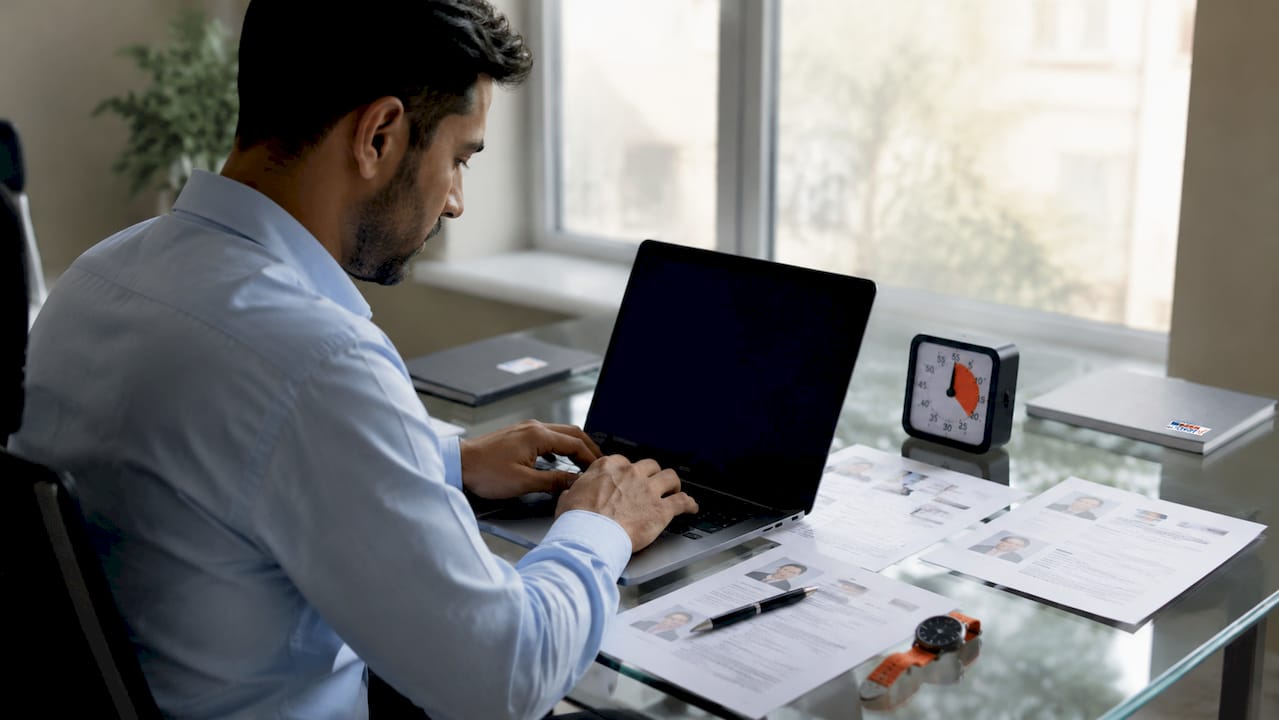 Professional speeding recruitment process at desk
