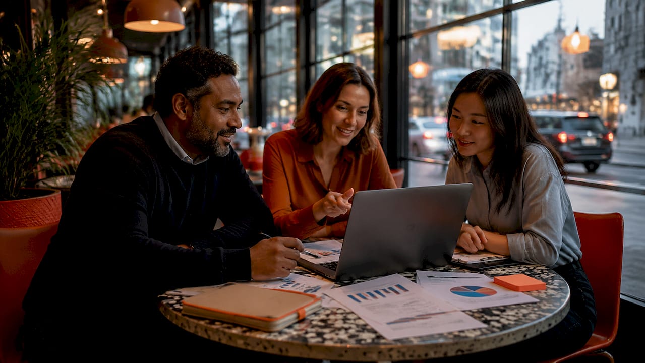 Diverse team discussing finance recruitment channels