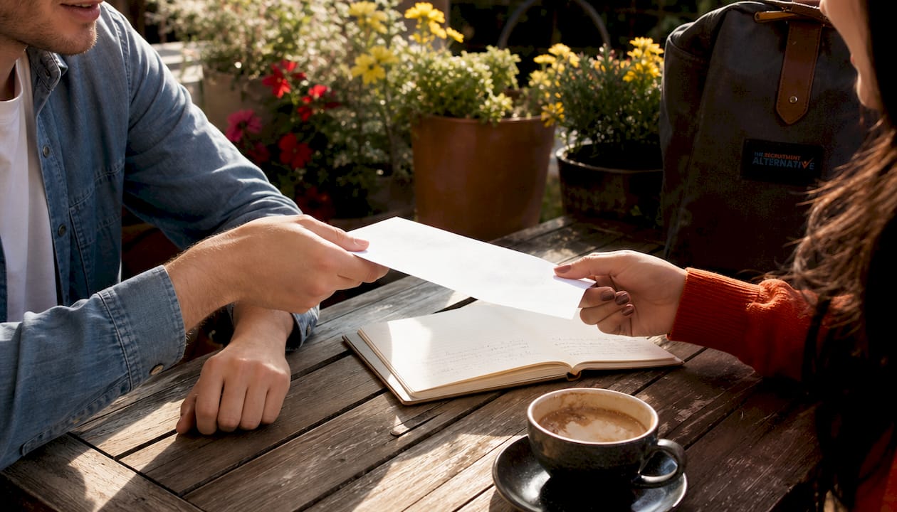 Hands exchanging job ad in urban café setting