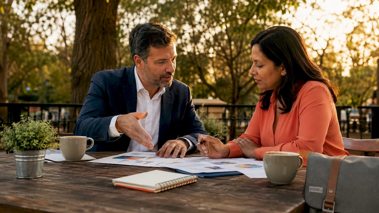 Two professionals discussing agency documents