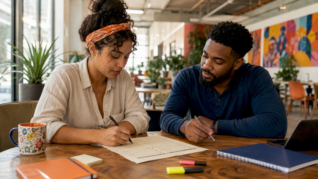 Recruiters scoring interview rubrics side-by-side