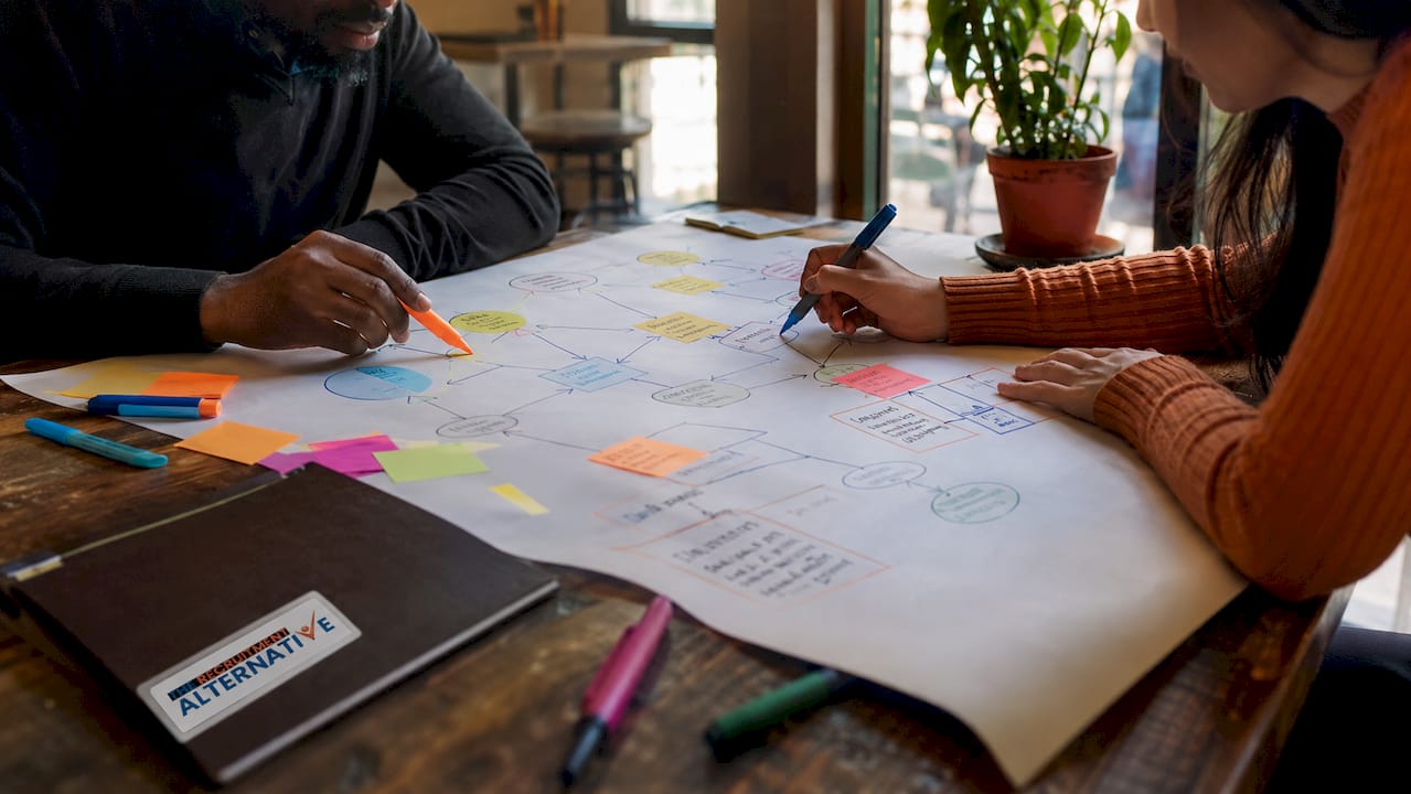 Hands marking recruitment model map over office desk