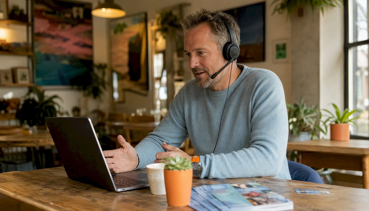 Man on call in home office doing sales recruitment