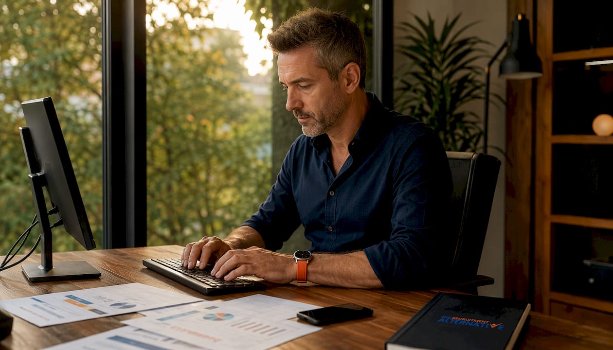 Recruiter typing volume hiring data at desk