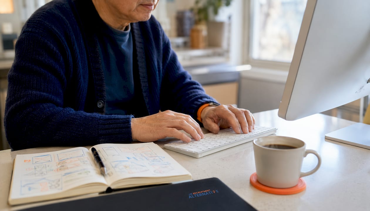 Hands typing on keyboard in home office setup