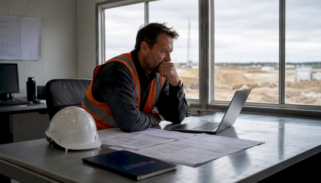 Stressed civil engineer at site office desk