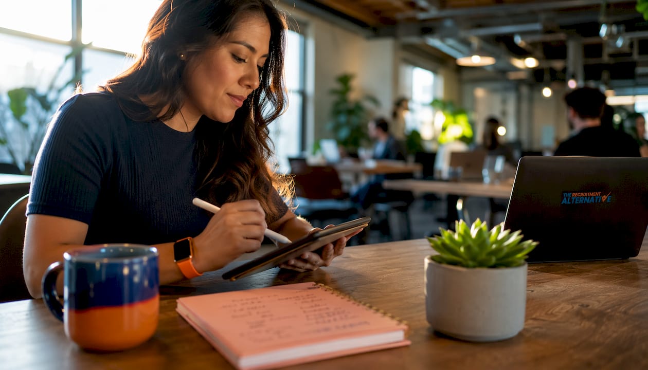 Woman using tablet to research sourcing channels