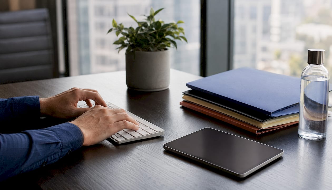 Hands typing setup workflow signing software