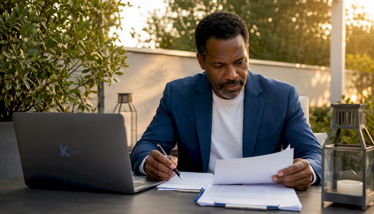 Man reviewing contract forms at café laptop