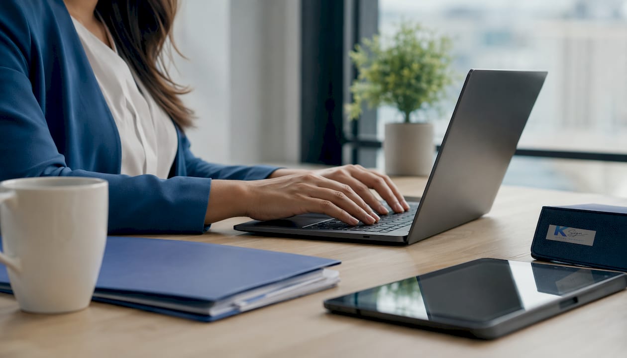 Real estate agent typing data on computer
