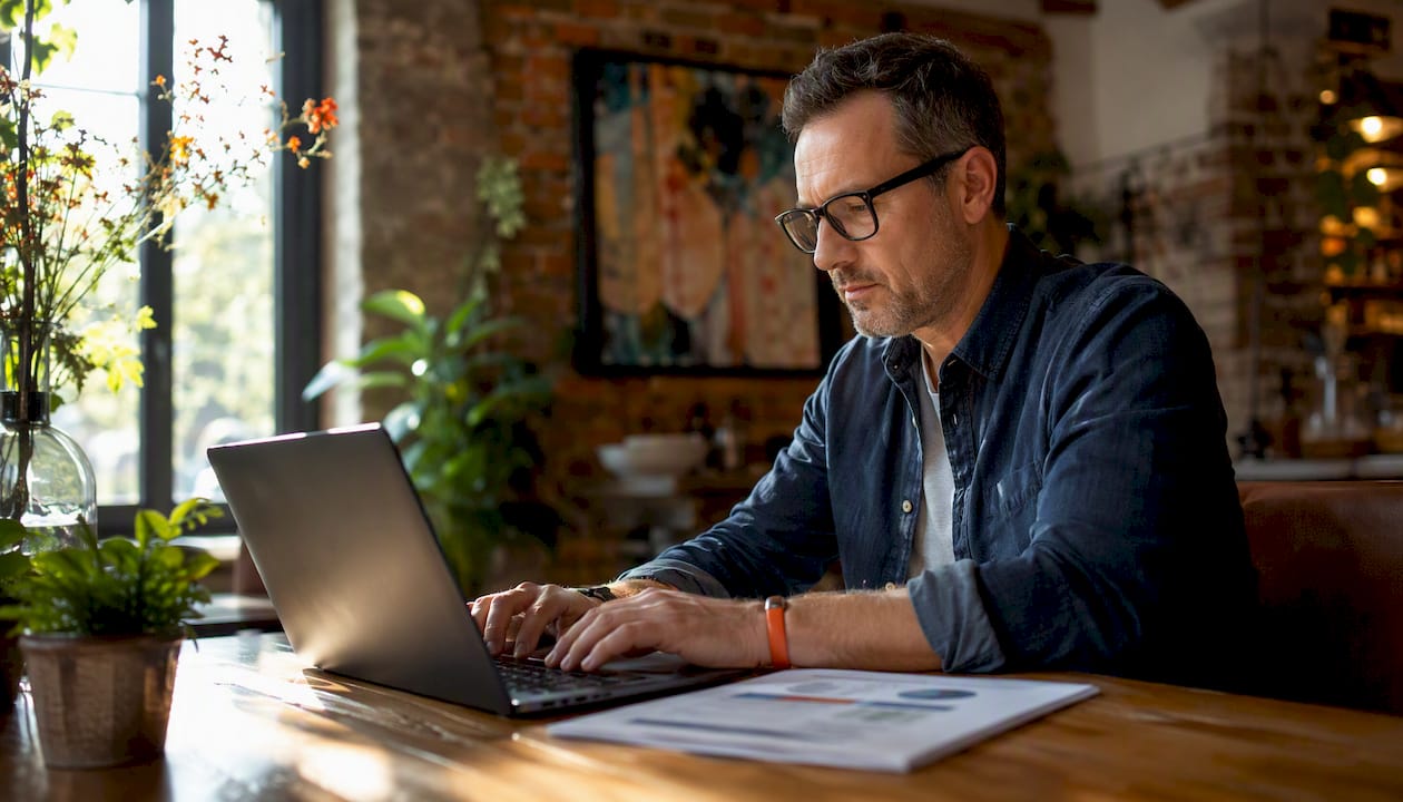 Employer drafting review responses on laptop