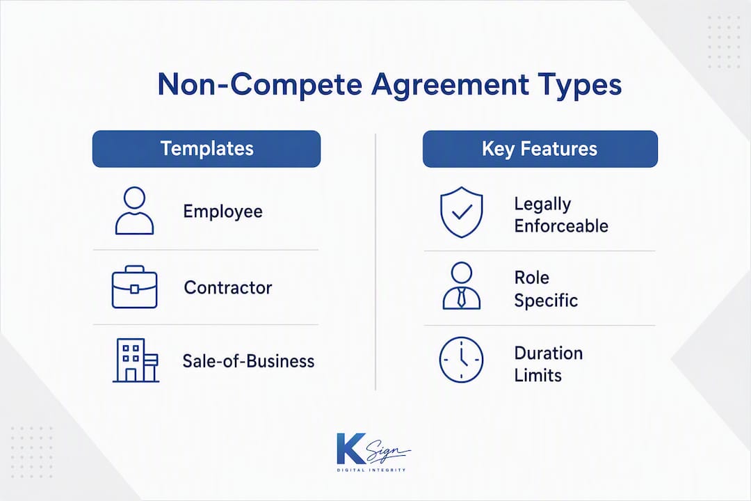 Infographic comparing non-compete agreement template types and features