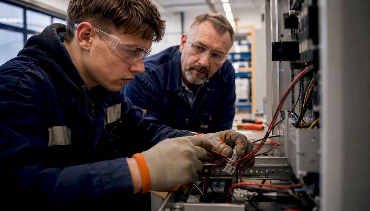 Hands wiring electrical panel under supervision