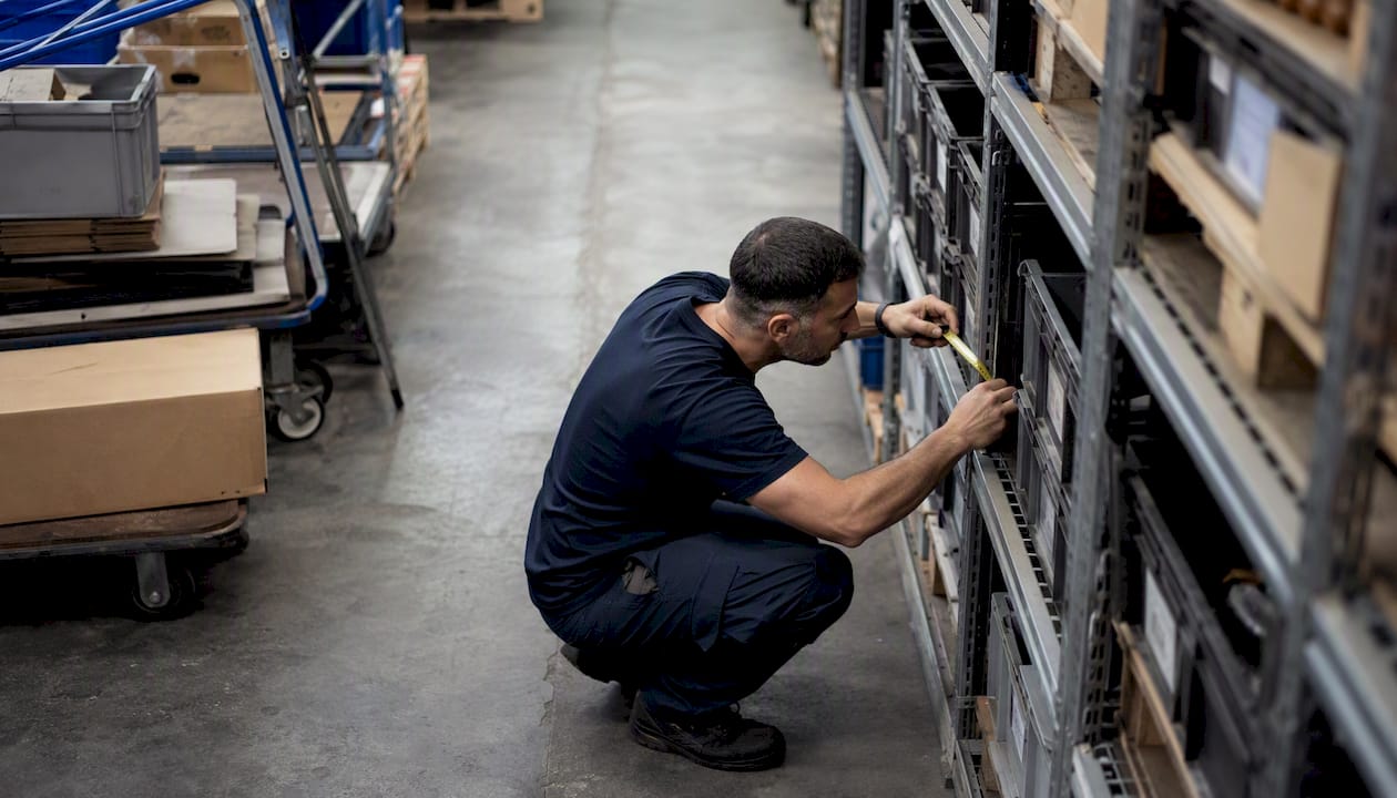 Hands measuring inventory in warehouse