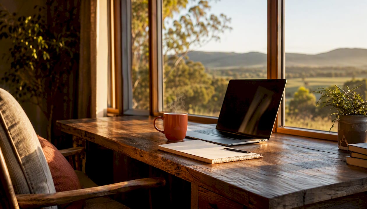 Bright home workspace with headphones and tea