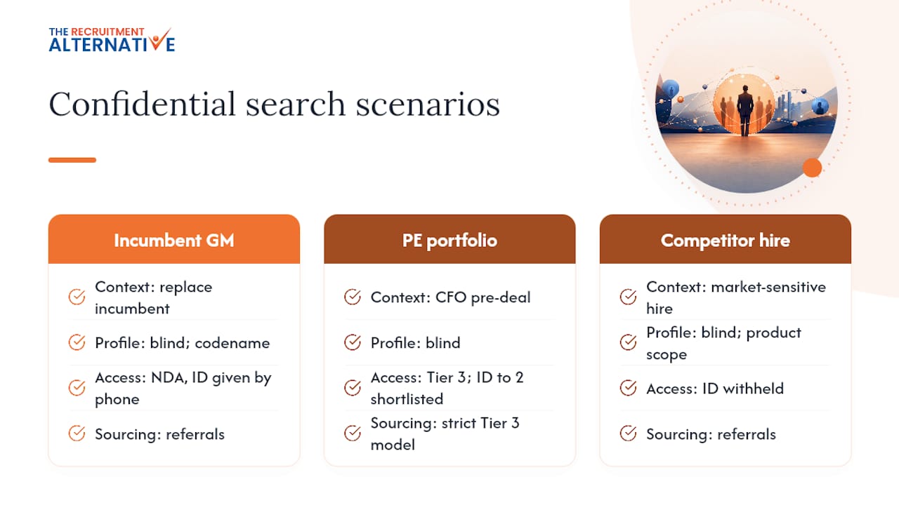 Three scenarios that show confidential searches in practice — overview diagram