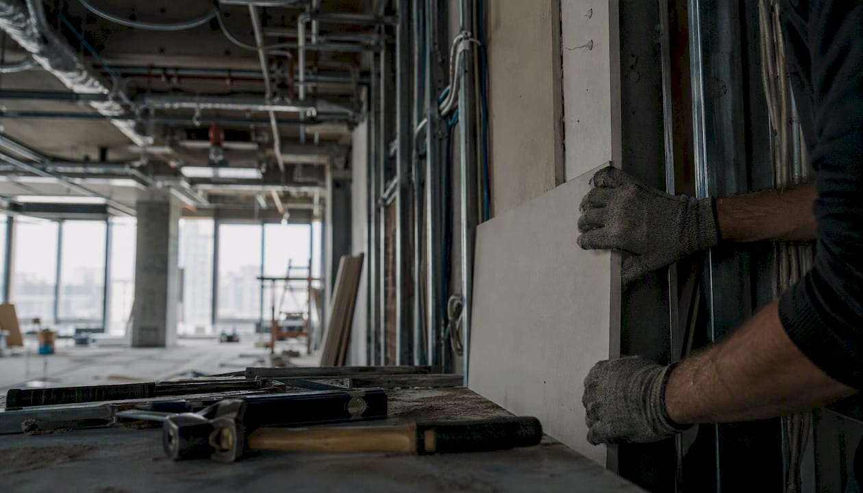 Hands adjusting drywall during office fit-out