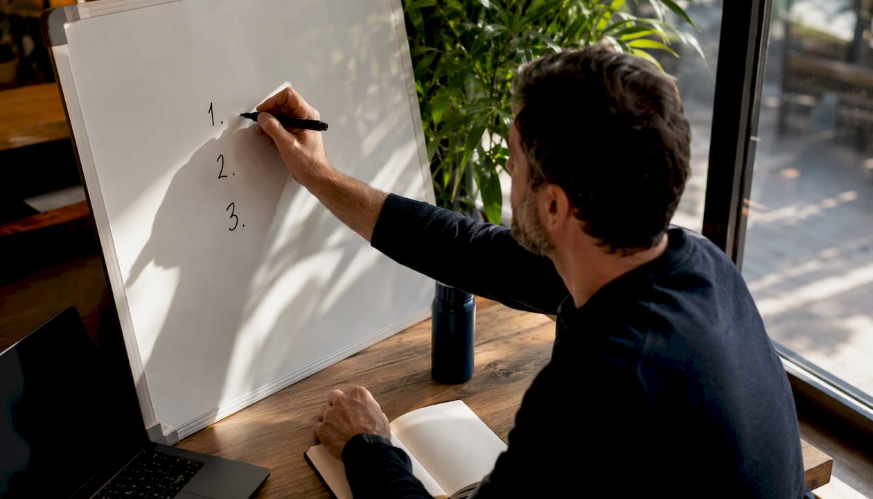 Leader writing company values on whiteboard