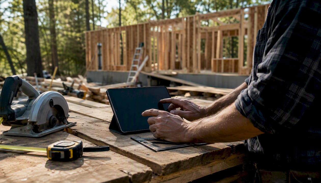 Hands using tablet at construction workspace