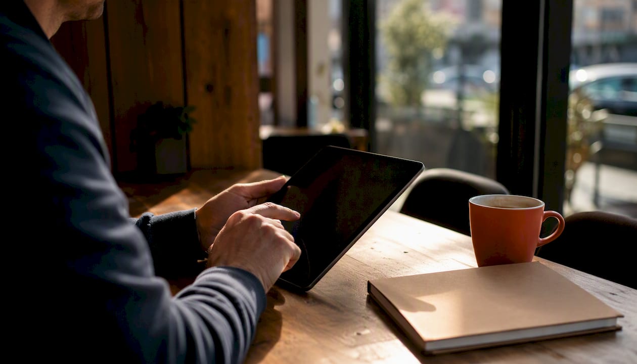 Employer hands tapping tablet on office table