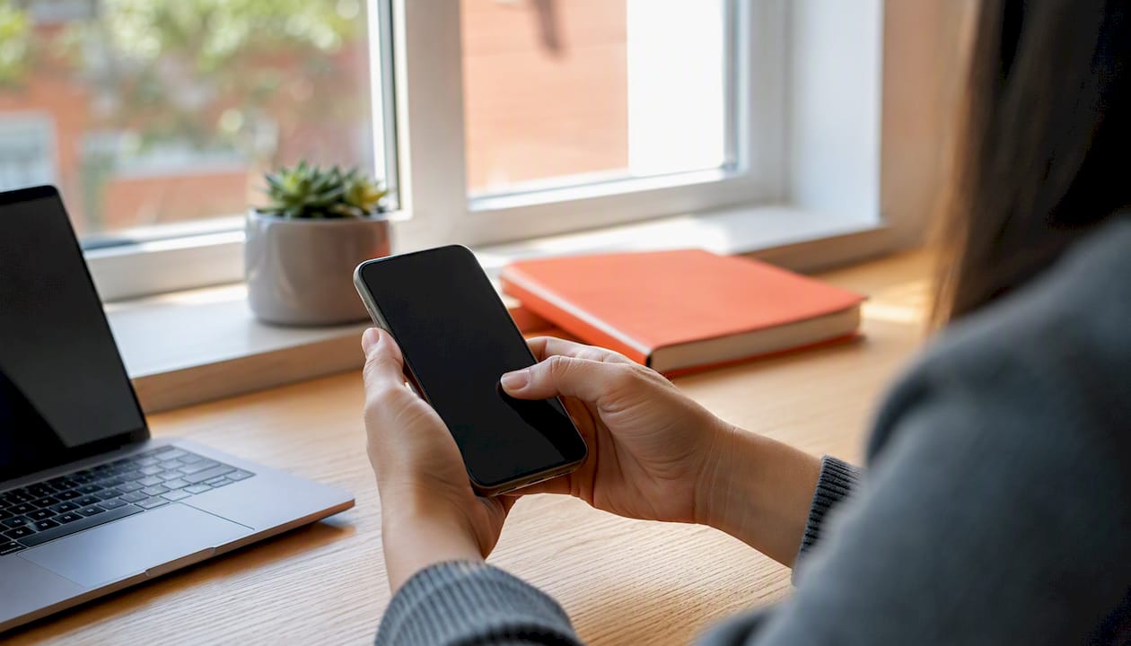 Person holding smartphone in home office