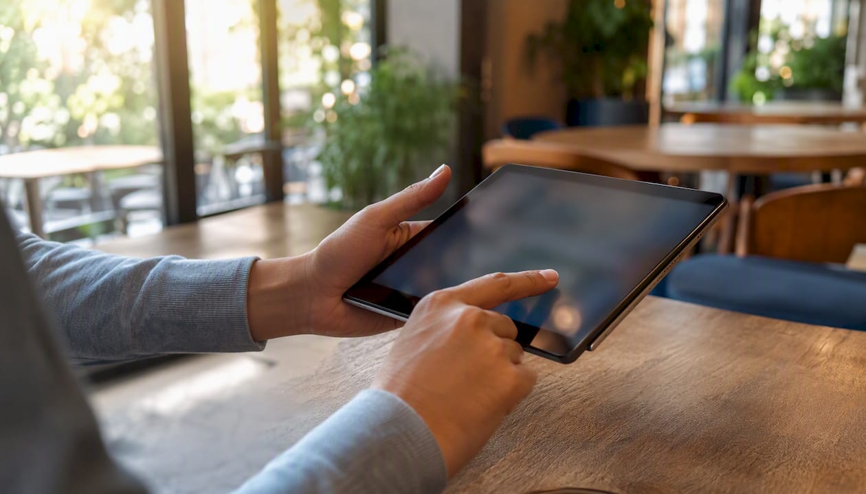 Hands capturing digital signature and payment on tablet