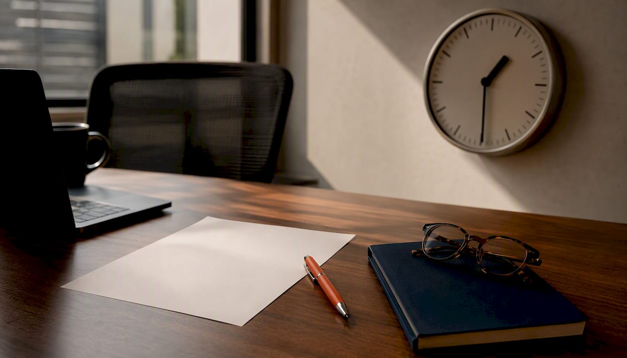 Desk with blank resignation letter and clock