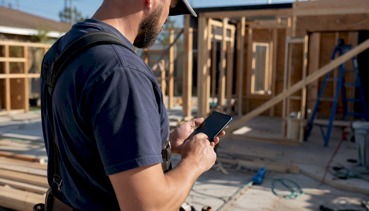 Tradesperson interacting with smartphone on site
