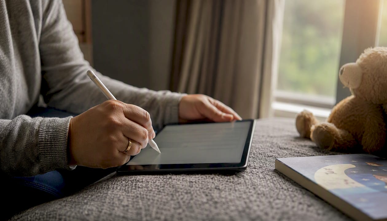 Parent signing minor model release on tablet