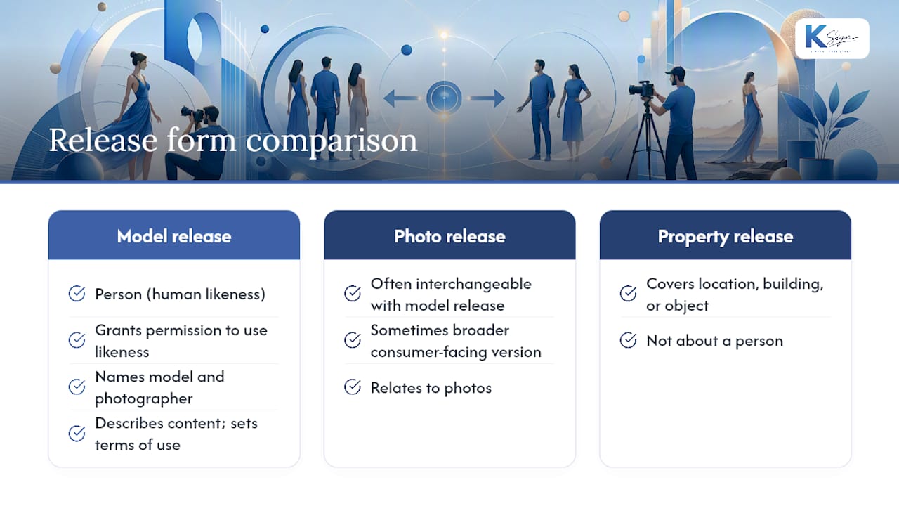 Diagram comparing model, photo, and property releases