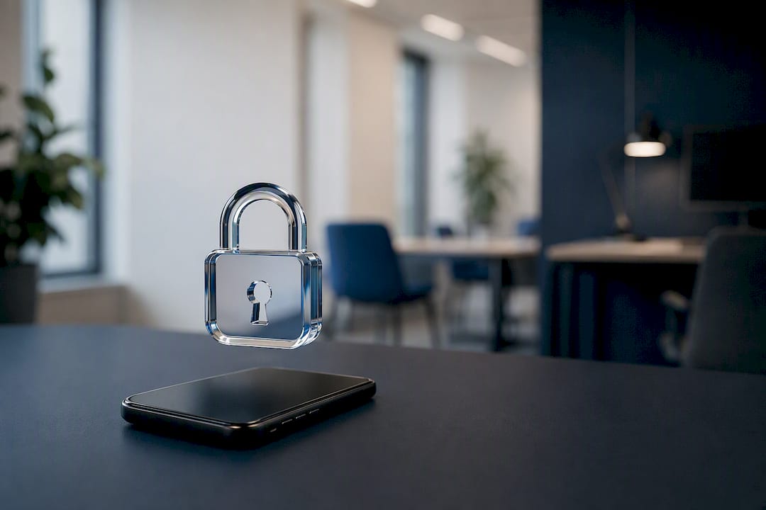 Phone silhouette with digital security padlock icon