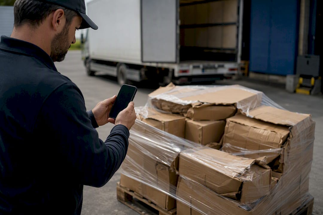 Driver photographing damaged delivered goods for evidence