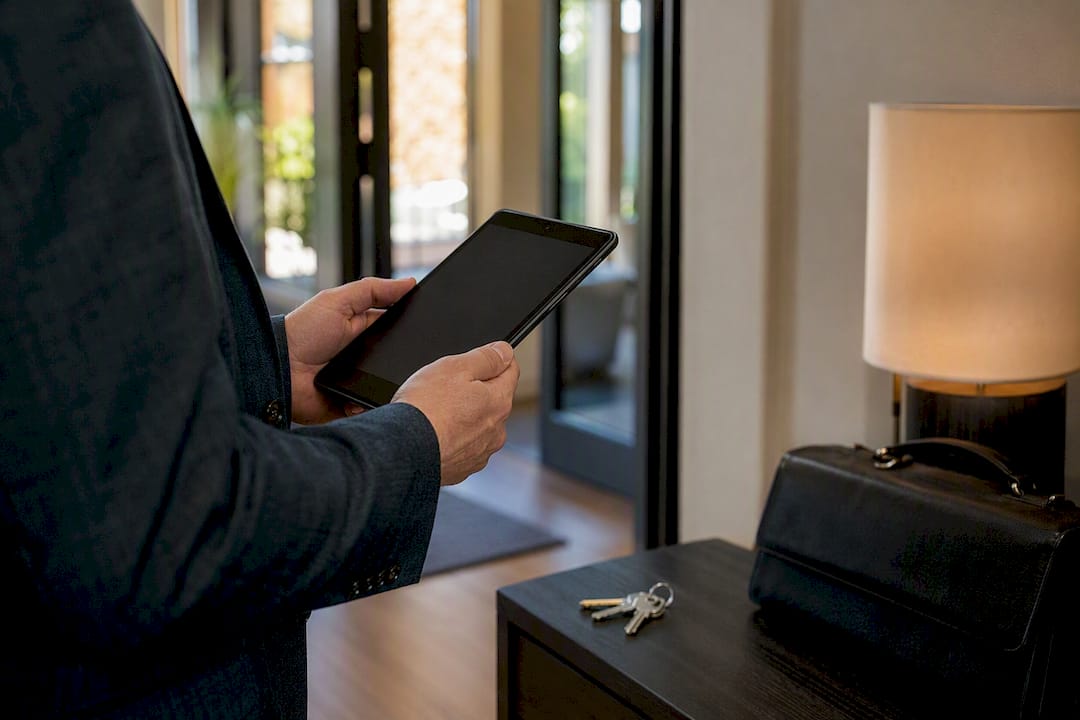 Property manager hands holding tablet near apartment entry