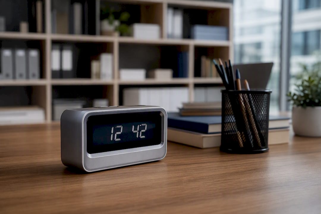 Digital timestamp device on desk representing audit trail