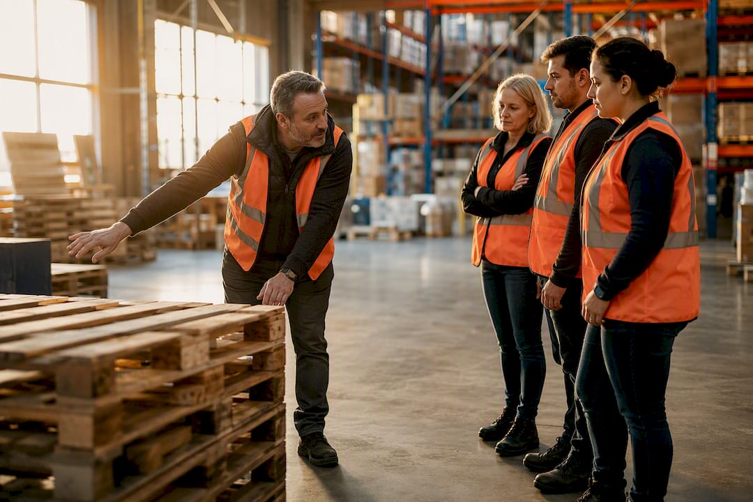 Warehouse manager showing pallet stacking to staff