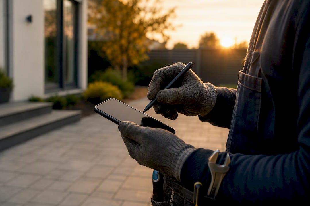 Tradesperson collecting signature on smartphone outdoors