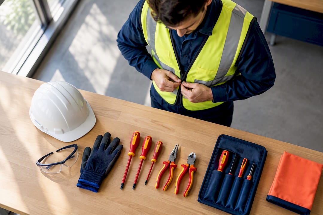 PPE and tools prepared for electrician onboarding
