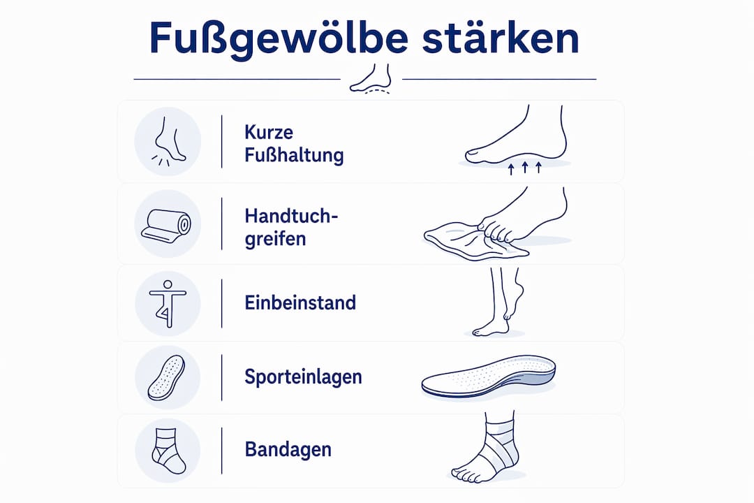 Übersichtsgrafik: Effektive Übungen und praktische Hilfsmittel zur Stärkung des Fußgewölbes