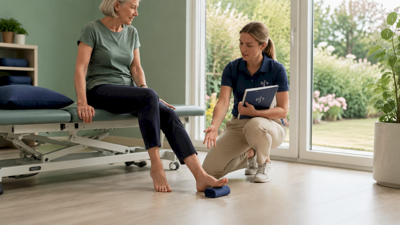 In der Klinik zeigt eine Physiotherapeutin, wie man die Fußmuskulatur mit gezielten Übungen stärkt.