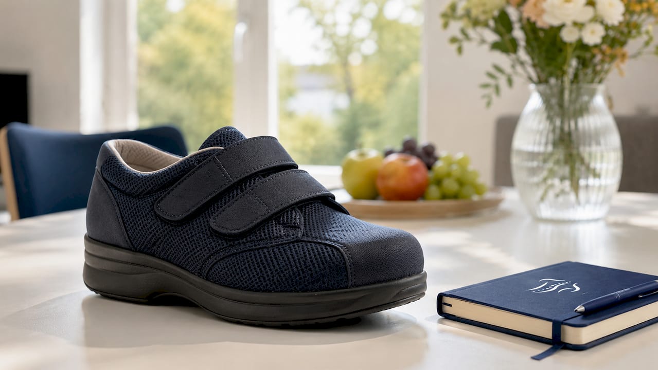 Detailaufnahme eines orthopädischen Schuhs mit extra breiter Zehenbox