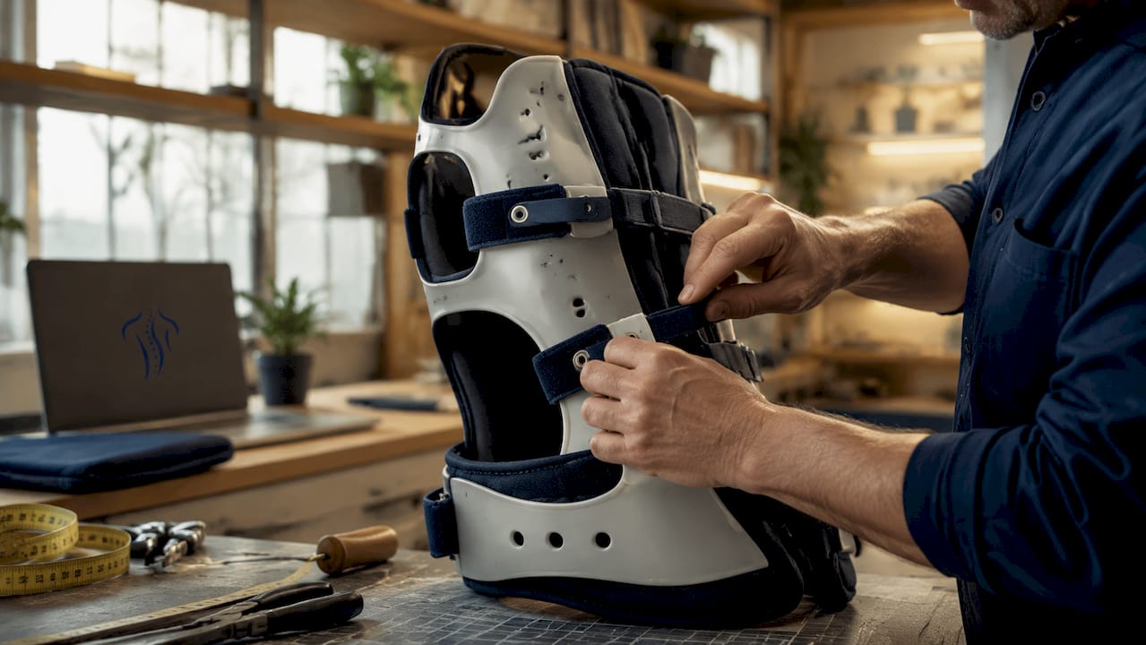 Ein Orthopädietechniker passt eine Rückenorthese individuell an.