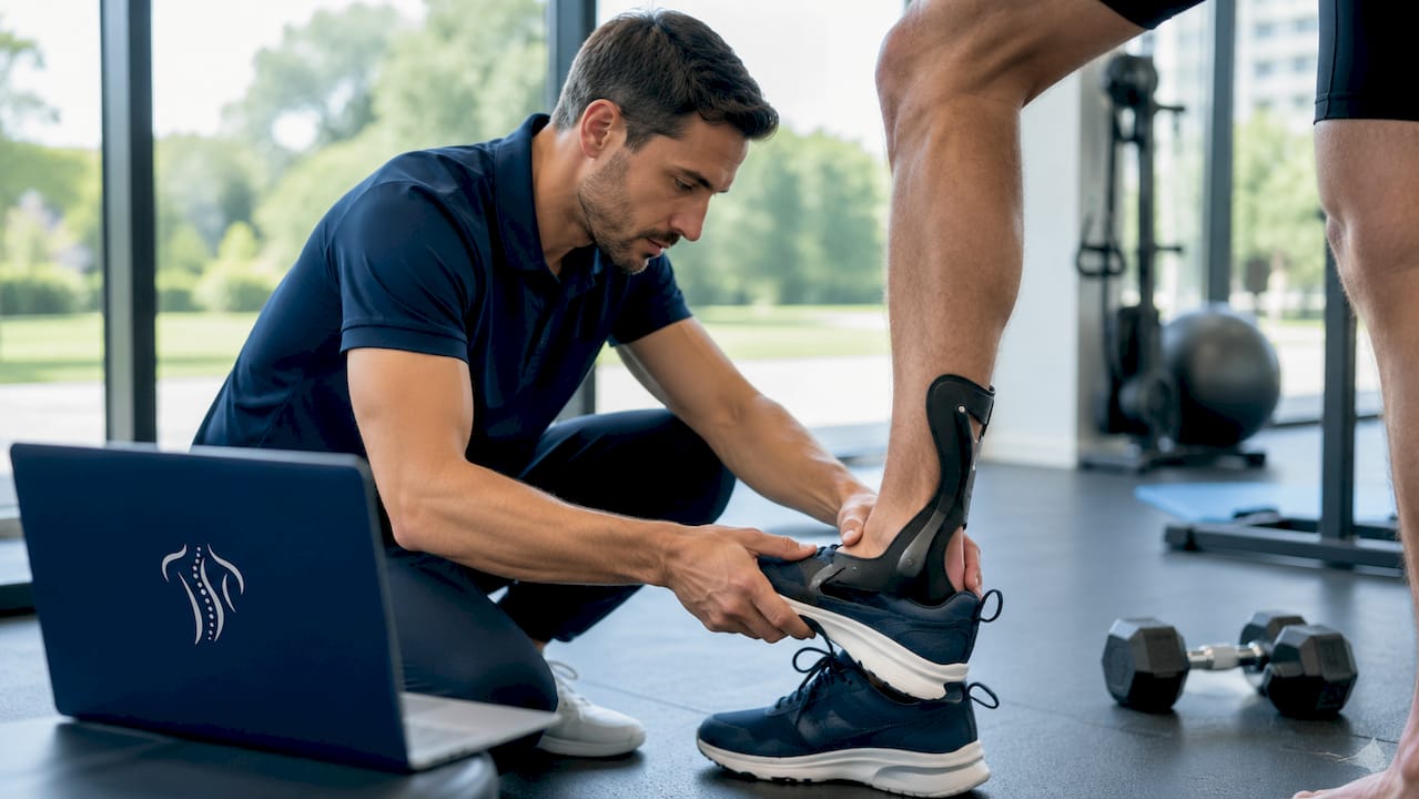 Ein Trainer passt die Sportorthese individuell an, um das Gelenk optimal zu stabilisieren.