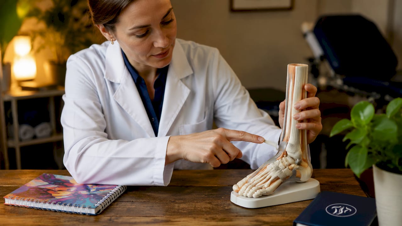 Anatomisches Fußmodell in den Händen eines Physiotherapeuten