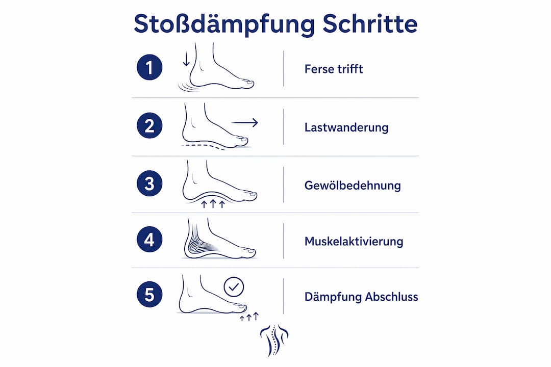 Grafische Darstellung der einzelnen Schritte der Stoßdämpfung im menschlichen Fuß