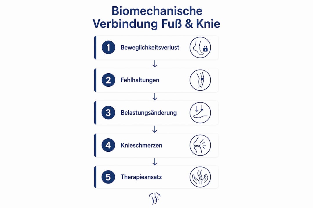 Eine anschauliche Infografik verdeutlicht, wie Fuß und Knie biomechanisch miteinander verbunden sind.