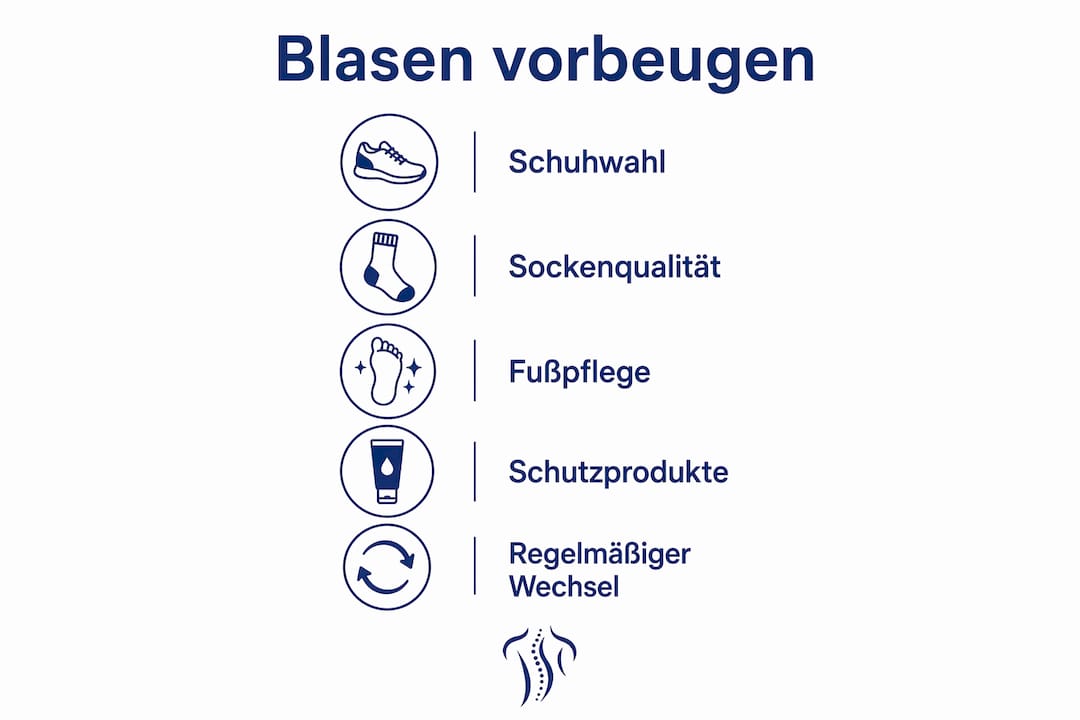 Infografik: Tipps zur Vorbeugung von Blasen und Druckstellen an den Füßen – Schritt für Schritt erklärt