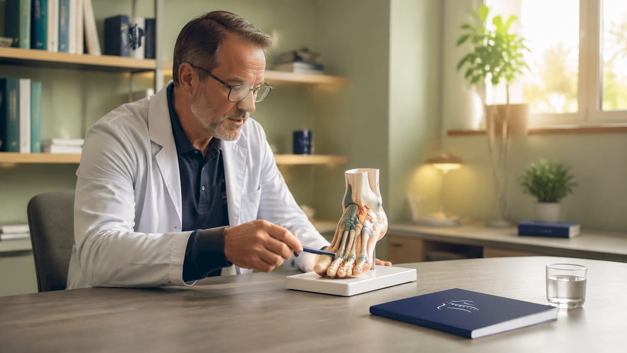Ein Orthopäde demonstriert anschaulich die Funktion einer Zehenorthese anhand eines Modells.
