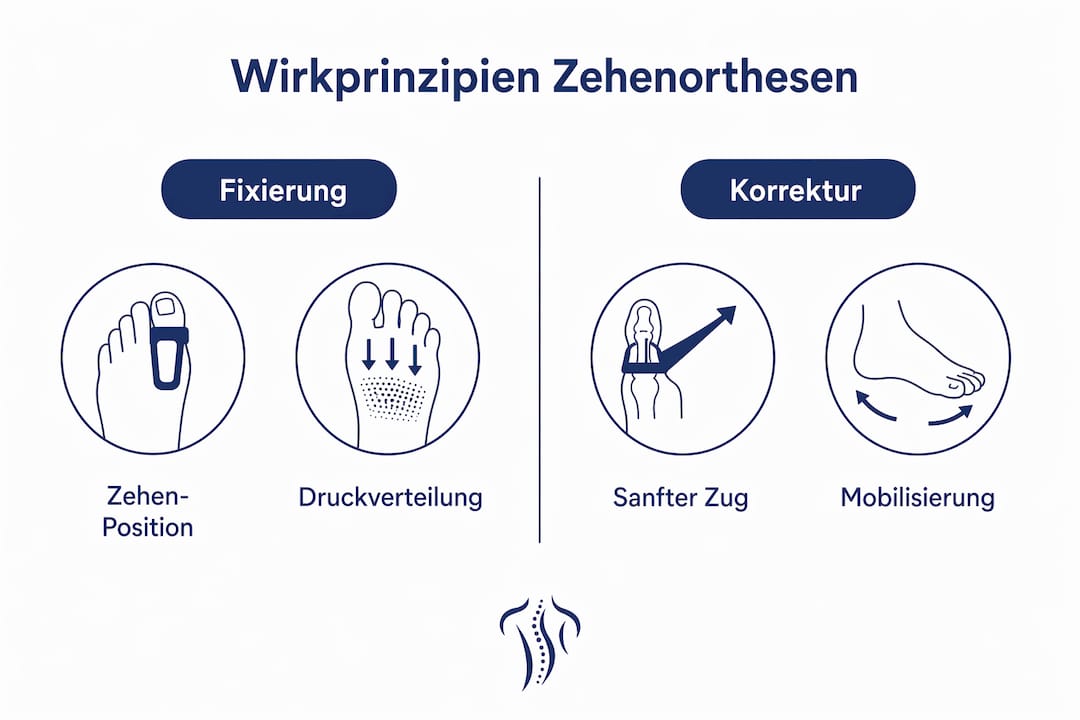 Eine anschauliche Infografik erklärt, wie Zehenorthesen wirken und welche Mechanismen dahinterstehen.